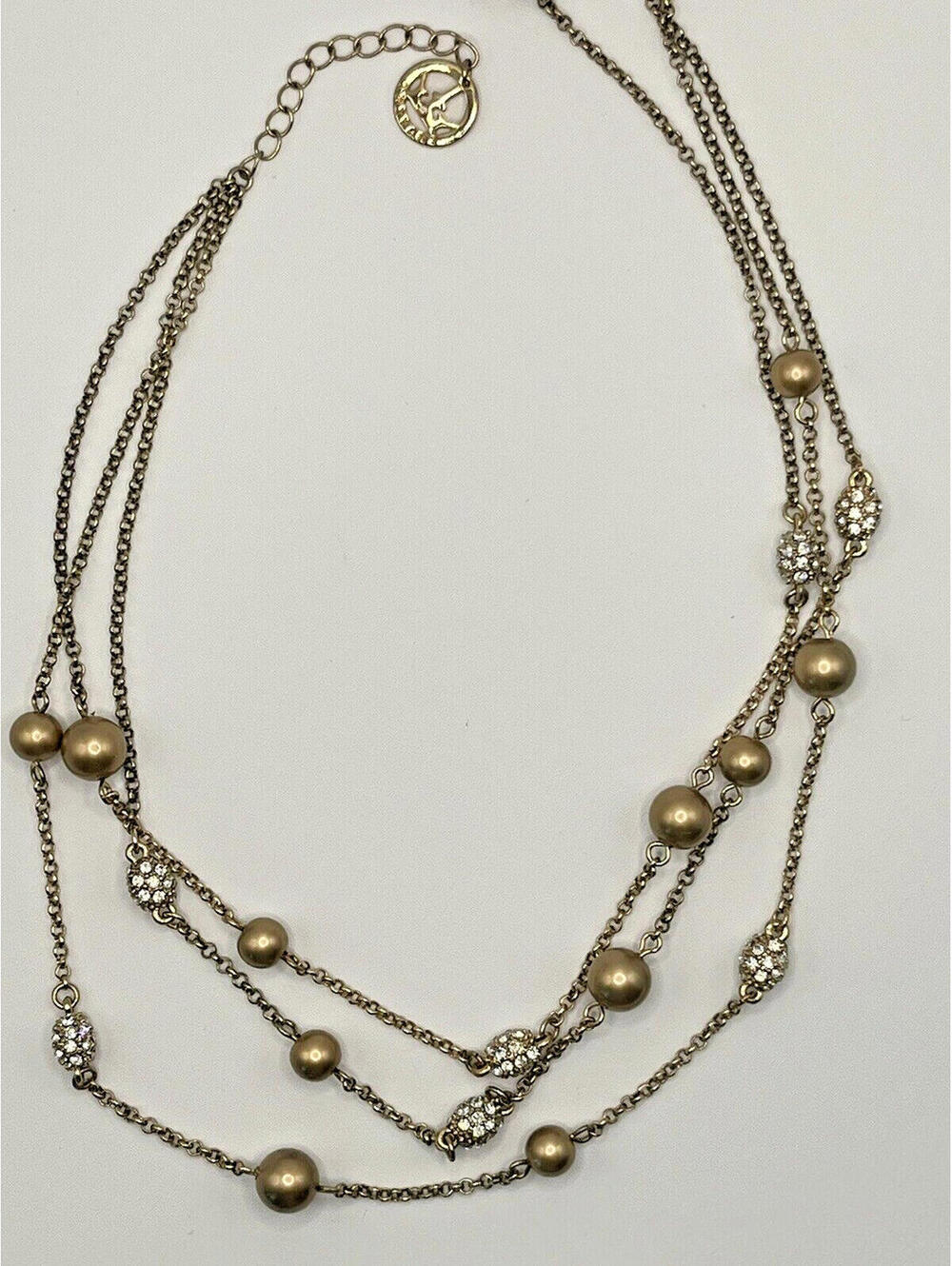 CROWN TRIFARI  VTG Multi Strand Gold Tone Bead Rhinestone Necklace 18"